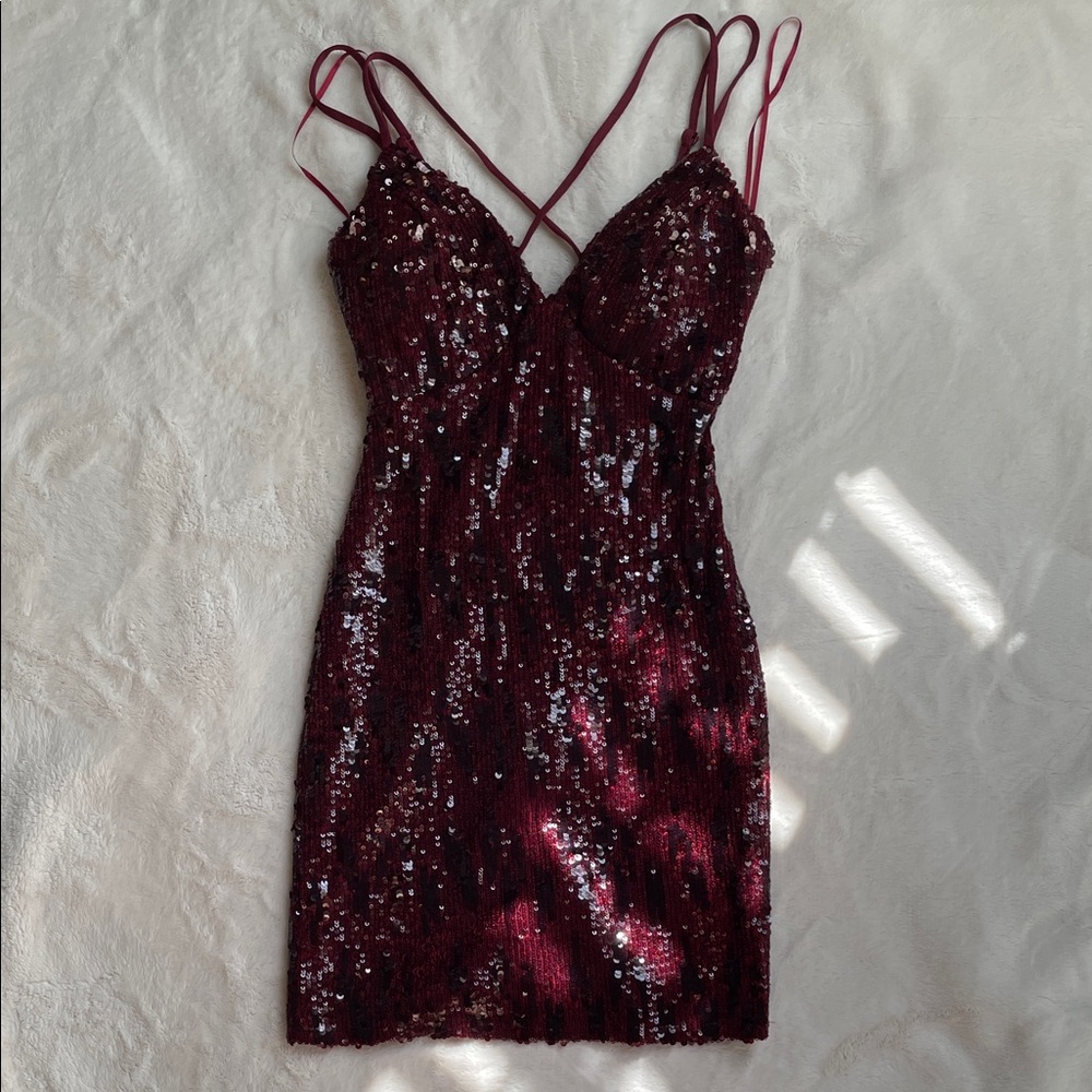Windsor Burgundy Sequin Spaghetti-Strap Mini Dress